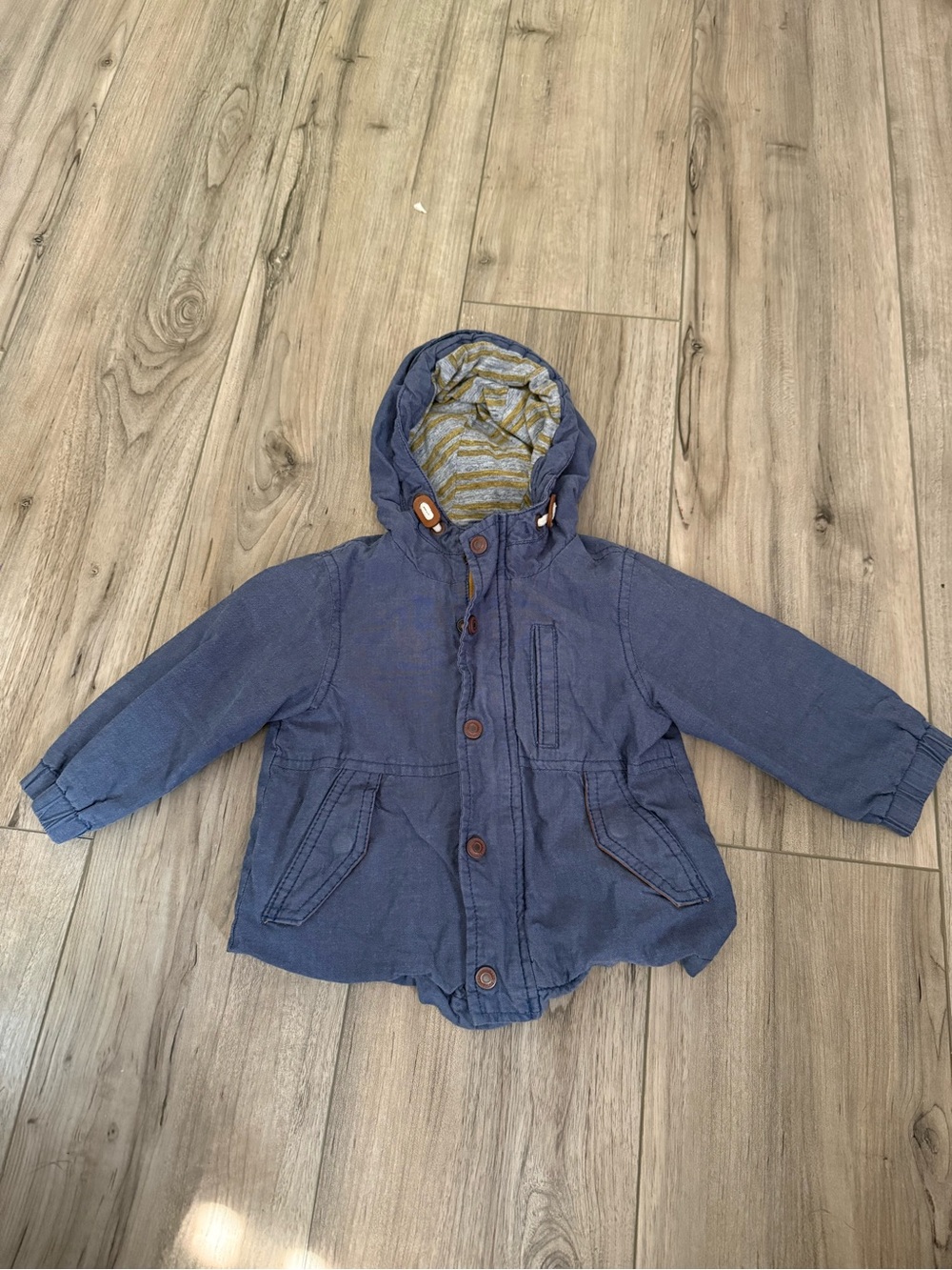 Zara Baby Hooded Blue Jacket with Striped Lining Size 9-12 months